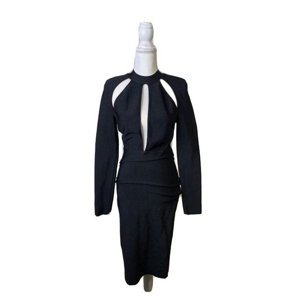Miss Circle Cut Out Dress M Black Midi BodyCon Exposed Zipper Sexy Long Sleeve - Picture 1 of 8